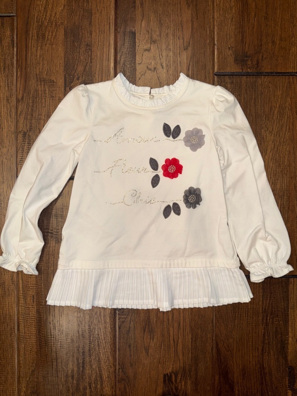 Mayoral Girls White Long-Sleeve Floral Ruffle Hem Top. Size 7. NWOT.